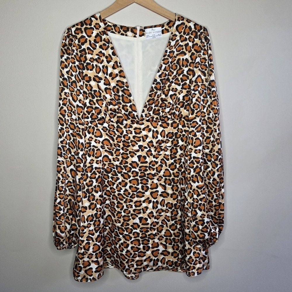Seven Wonders Orange Tan Leopard Print Deep V-neck Mini Dress Size 10 Going Out